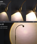 Boss Adjustable LED Floor Lamp with dimmable zoomable spotlight flexible gooseneck showing different light intensities in antique brass finish.