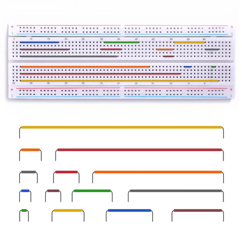 840 Piece Jumper Wire Kit for Solderless Breadboard with 14 Lengths U Shape Wires in multicolor on breadboard
