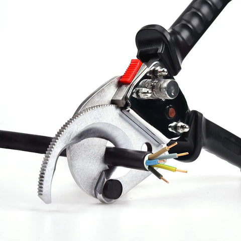 Ratchet Cable Wire Cutter for Cu and Al Wires up to 300mm2, 9.4 Inch Round Section Tool in action on black cables