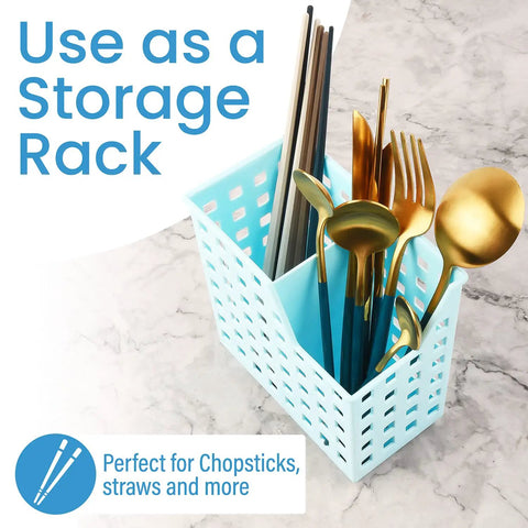 Blue Straw And Chopstick Dishwasher Basket For Top Rack Storage with utensils, no fuss drying, secure clean flow, and organization.