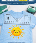 T-Shirt Ruler And Heat Press Guide For Right On The Money Vinyl Alignment Tool, featuring a smiling sun design on a blue shirt.