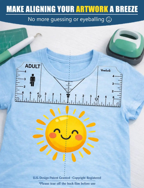 T-Shirt Ruler And Heat Press Guide For Right On The Money Vinyl Alignment Tool, featuring a smiling sun design on a blue shirt.
