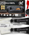 Pro Grade Leather Repair Kit For Black Leather And Vinyl DIY Home Fix For Scratches, Tears, Burns, Holes, And Cracks On Sofas, Armchairs, Car Seats, And More, shown with repair tubes, applicators, and color guide.