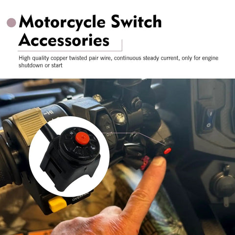 Badass 2 Piece Motorcycle Handlebar Switch Kit 7/8 Inch Universal Handle Controls For Atv Dirt Bike Scooter Quad With Hella Responsive Horn And Kill Switch Buttons Seamless Setup Matte Black Red Finish mounted on a motorcycle, featuring a finger pressing a kill switch.