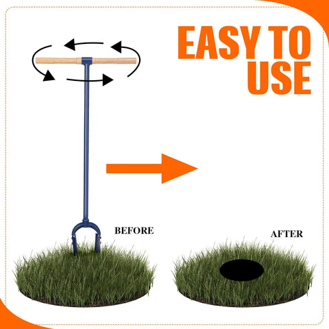 Heavy Duty Hand Auger Post Hole Digger 6 Inch By 46 Inch With Non Slip Hardwood T Handle shown with before and after use on grass