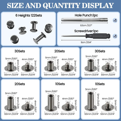 122 Pack Leather Chicago Screw Kit Set In Six Sizes for DIY leathercraft with hardware, hole punch, and screwdriver visible.