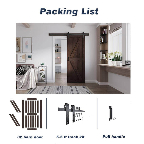 32 Inch By 84 Inch Brown Spruce Wood Barn Door With 5.5 Foot Hardware Track Kit Included double surface coffee finish installed in room
