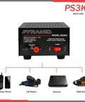Front view of Universal Compact Benchtop Power Supply 12V DC 2.5 Amp Linear Regulated AC To DC Converter with connections to devices.
