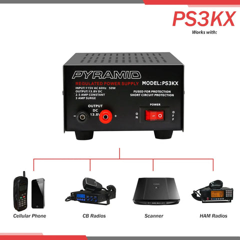 Front view of Universal Compact Benchtop Power Supply 12V DC 2.5 Amp Linear Regulated AC To DC Converter with connections to devices.