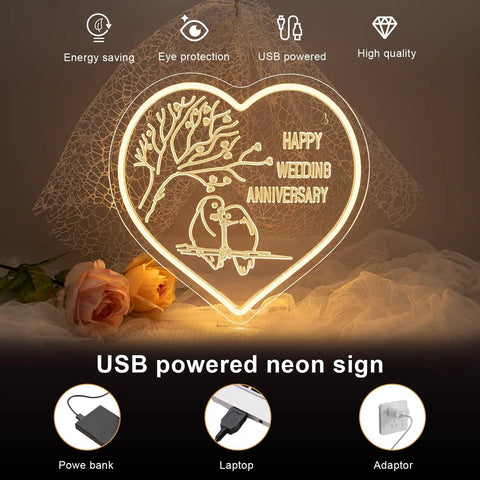 USB powered neon sign with heart shape, bird illustration, and 'Happy Wedding Anniversary' text, roses in background