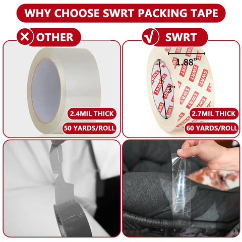 Comparison of 2.7 Mil Thick Ultra Clear Packing Tape with 12 Rolls, 2 Dispensers, 1.88 Inch Wide by 60 Yards Each, showing clear adhesion.