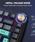 Top Shelf 75 Percent Wired Mechanical Gaming Keyboard With Rgb Backlit Keys And Slick Metal Media Dial, close-up of metal volume knob.