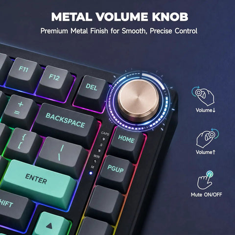 Top Shelf 75 Percent Wired Mechanical Gaming Keyboard With Rgb Backlit Keys And Slick Metal Media Dial, close-up of metal volume knob.