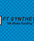 Logo of FT Synthetics on a blue diamond-patterned background, emphasizing safer roofing solutions.