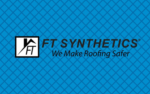 Logo of FT Synthetics on a blue diamond-patterned background, emphasizing safer roofing solutions.