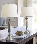 Three Way Dimmable Touch USB Table Lamps Set Of 2, 28 Inch Modern Industrial Metal Bedside Lamps With Linen Shades, Silver Finish