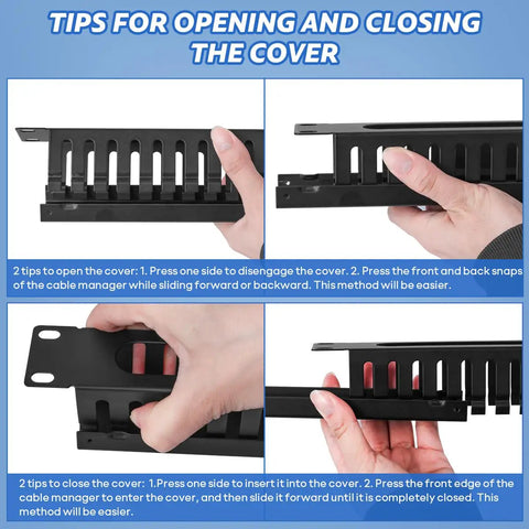 Tips for opening and closing cover on 2 Pack 19 Inch 1U Server Rack Cable Management Kit with 24 Slot Horizontal Cable Raceway