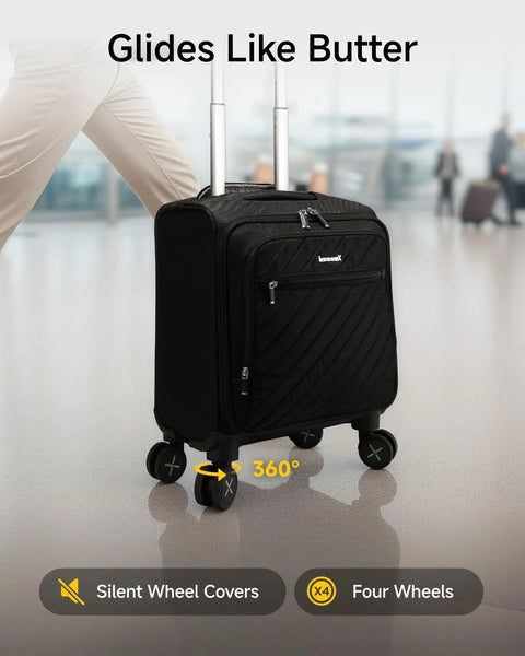 Underseat Carry-On Luggage With Spinner Wheels, Soft Sided 15 Inch Travel Case for Airport Use, Black, shown with 360° rotating wheels.