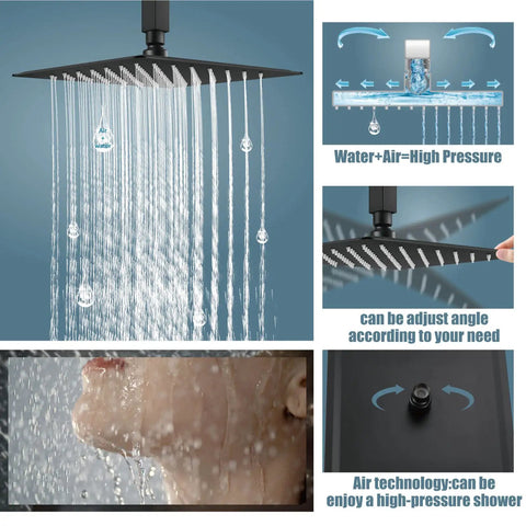 Dope Matte Black Ceiling Mount Shower System with dual function rainfall overhead shower head in use, high pressure water flow.