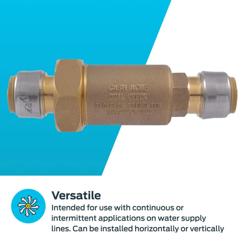 Cash Acme BF1 dual check valve, 3/4 in push-to-connect, brass body with silver end fittings