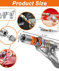 One Hand Ready Ultra Compact Locking Grease Gun Coupler With Twelve Inch Flex Hose Twelve Thousand PSI Quick Release One Eighth Inch NPT Fitting Fits All Grease Guns Cleaning Tool Included Built Tough For Tight Spaces showing dimensions and fittings