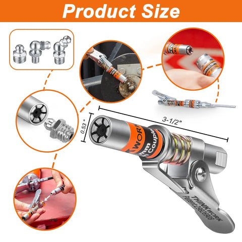 One Hand Ready Ultra Compact Locking Grease Gun Coupler With Twelve Inch Flex Hose Twelve Thousand PSI Quick Release One Eighth Inch NPT Fitting Fits All Grease Guns Cleaning Tool Included Built Tough For Tight Spaces showing dimensions and fittings