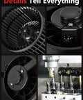 Collage showing AC Heater Blower Motor Front Side For Nissan Rogue 2014 2019 And Rogue Sport 2017 2019 with fan cage details and manufacturing process.