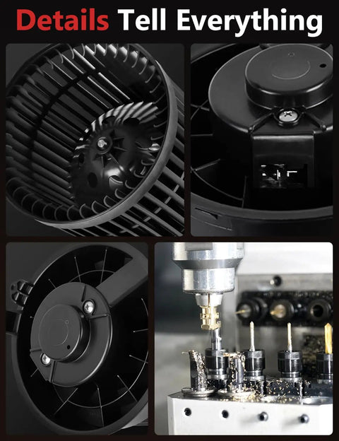 Collage showing AC Heater Blower Motor Front Side For Nissan Rogue 2014 2019 And Rogue Sport 2017 2019 with fan cage details and manufacturing process.