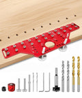 Rugged Two In One Shelf Pin And 35mm Hinge Jig Kit With Premium Drill Bits laid out on wood surface for cabinet assembly.
