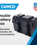 Heavy Duty Double Battery Box Built For RV And Motorhome Rigs, black corrosion proof polymer, dual battery storage.