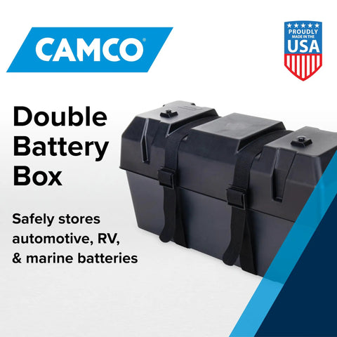 Heavy Duty Double Battery Box Built For RV And Motorhome Rigs, black corrosion proof polymer, dual battery storage.