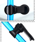 Close-up of Three Piece Hydration Hose Magnetic Clip Set for Water Tube Bladder Clip in use, securing a blue hydration tube.