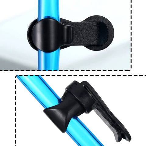 Close-up of Three Piece Hydration Hose Magnetic Clip Set for Water Tube Bladder Clip in use, securing a blue hydration tube.