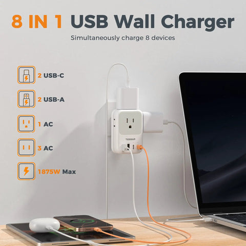 Ultra Compact USB C Charger Block 20W PD Fast Charge Adapter with Foldable Plug, charging laptop and phone on desk.
