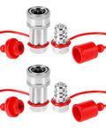 QWORK hydraulic quick-connect couplers, set of 2, red dust caps, 3/8 in NPT/ISO body, hardened steel