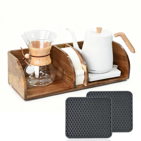 Acacia Wood Coffee Bar Station Organizer Stand For Pour Over Nerds And Filter Holders Countertop Wooden Caddy With Heatproof Mat