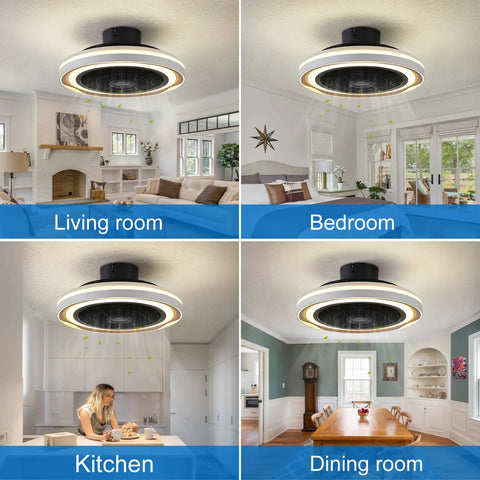 Bladeless Flush Mount Ceiling Fan With Lights And Remote, shown in living room, bedroom, kitchen, dining room, 19 inch low profile.