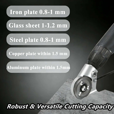 Pro Grade Drill Nibbler Attachment For Sheet Metal Cutting With Coated Blade and Universal Adapter, cutting various metal plate types.