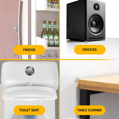 12 Pack Clear Silicone Door Bumpers And Self Adhesive Wall Guards For Cabinets And Drawers delivering cushioning on fridge, toilet seat, devices, and table.