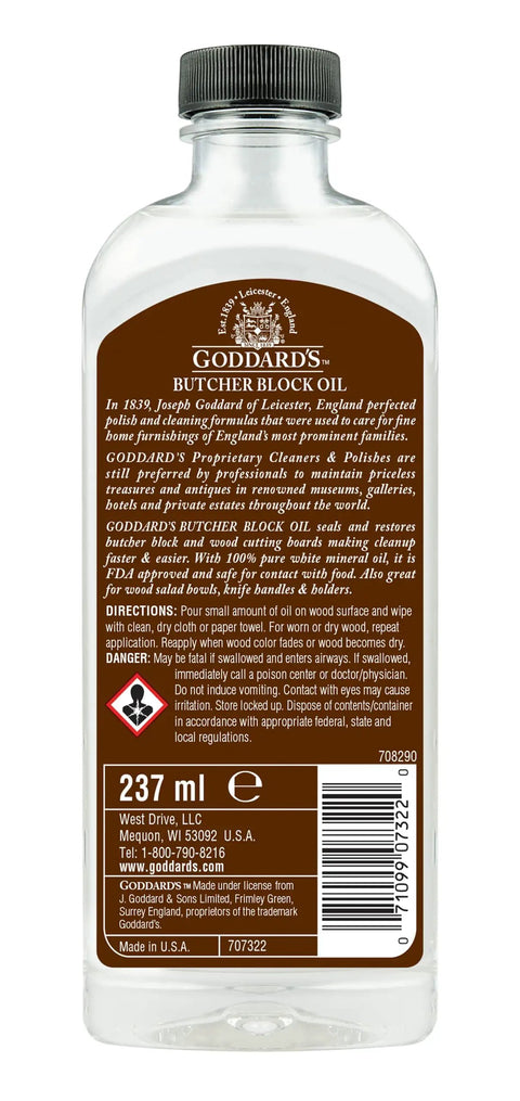 Odorless Food Grade Mineral Oil 237 ml bottle for conditioning wooden cutting boards and kitchen gear.
