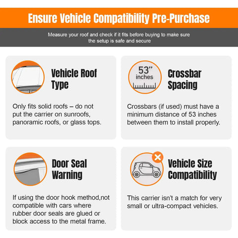 Compatibility guide for 20 Cubic Feet Rooftop Cargo Bag With 51 Long By 39 Wide By 17 High Dimensions, showing roof type and spacing guidelines.