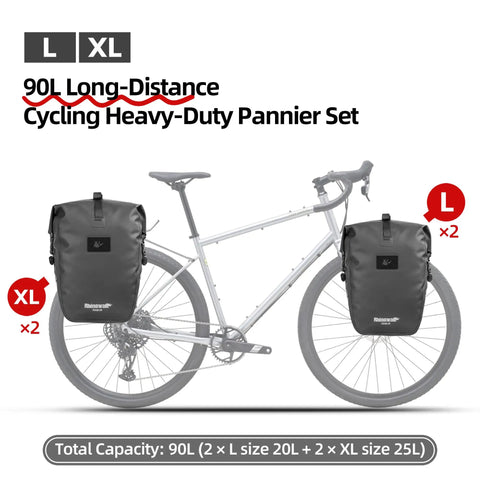 Waterproof Bike Pannier Bag 25L With Quick Release TPU Coating And Reflective Design on bike; includes L and XL sizes.