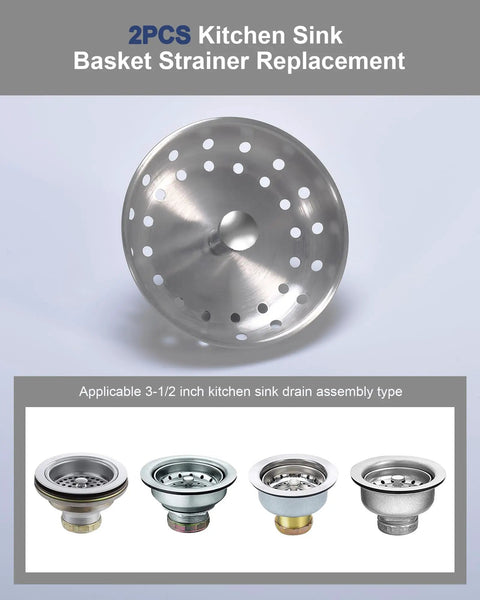 2 Pack Kitchen Sink Basket Strainers Replacement For 3-1/2 Inch Standard Drains Brushed Stainless Steel Body With Center Knob And Rubber Stopper Fits Most American Sinks Easy Install