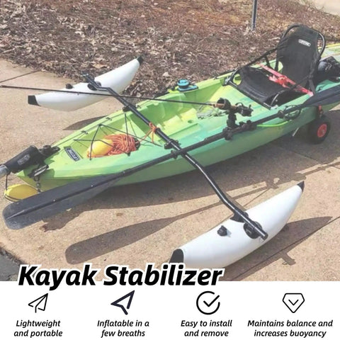 Go To Outrigger Stabilizer Kit For Kayaks And Canoes Lightweight Portable Paddling Accessory In White attached to green kayak