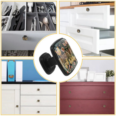 Four Pack Square Cabinet Knobs Set Black Glass And ABS Handles with flower and fence design on kitchen cabinets and drawers.