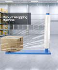 Manual Stretch Wrap Dispenser Handheld Pallet Wrapper with wrapped box on flat base in a warehouse setting.