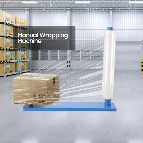 Manual Stretch Wrap Dispenser Handheld Pallet Wrapper with wrapped box on flat base in a warehouse setting.