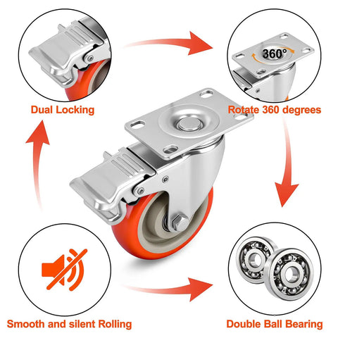 4 Inch Heavy Duty Swivel Caster Wheels With Brakes Set Of 4 Locking Casters Load 2000lbs, dual locking and smooth rolling features