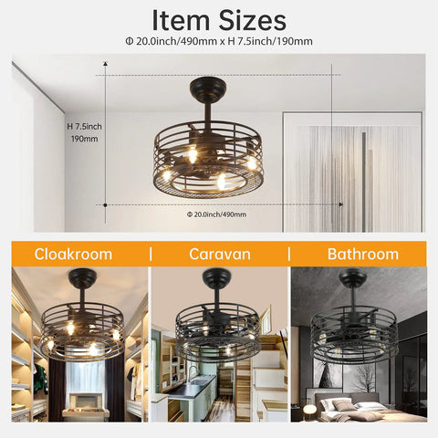 Dope Retro Cage Ceiling Fan With Lights And Remote, 20 Inch Low Profile Industrial Ceiling Fan With 8 ABS Blades in a cloakroom setting