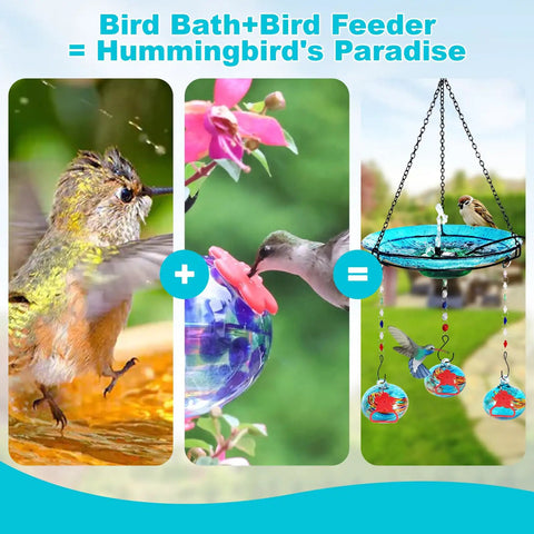 Collage showing a bird using a water pump bath and close-up of Go-To Hand Blown Glass Hummingbird Feeder And USB Water Pump Bird Bath Two-In-One Outdoor Garden Decor Hanging Hummingbird Feeder Plus Bird Bath For Small Birds Blue.